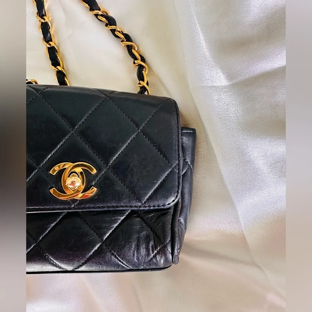 Chanel 1994 Mini Black Quilted Crossbody with Gold Chain